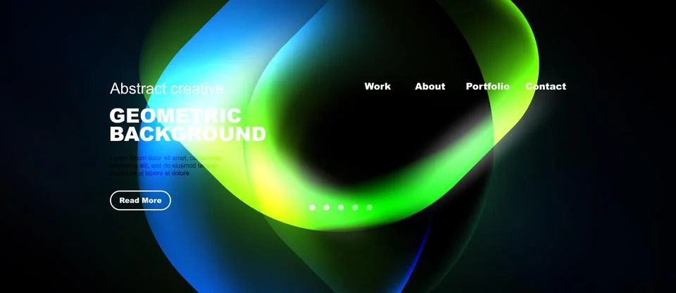 Abstract website design features vibrant fluid shapes, dark background. Stock Illustration