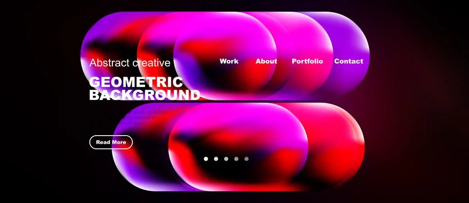 Abstract website design features vibrant overlapping shapes, text elements, Ilustración de archivo