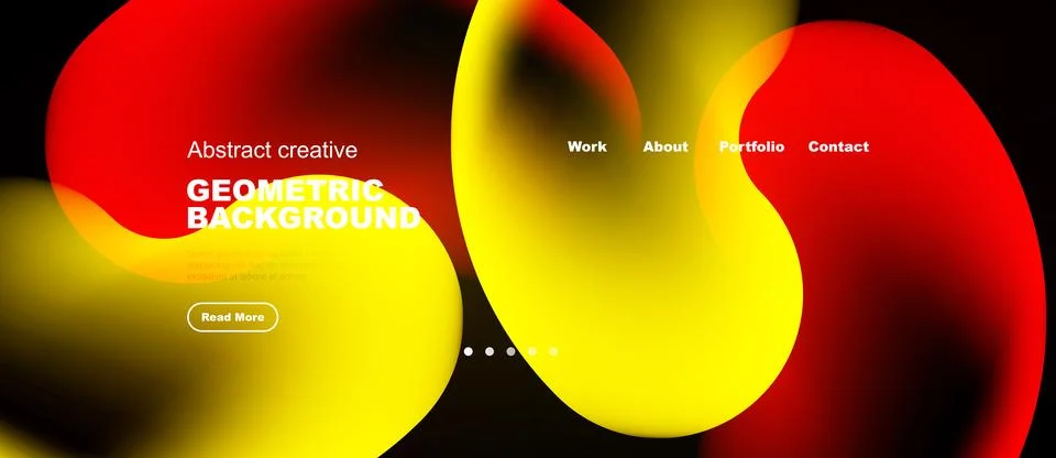 Abstract website design features vibrant fluid shapes, bold text, navigation Stock Illustration