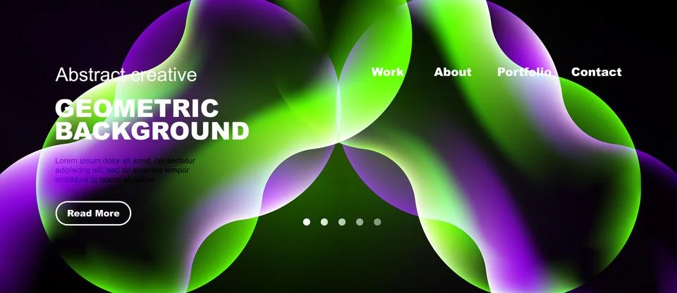Abstract website header design. Vibrant fluid shapes, text overlay, navigatio Illustrazione stock