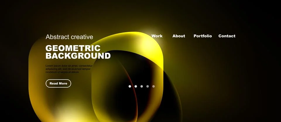 Abstract website header design. Yellow fluid shapes, dark background, navig.. Illustrazione stock