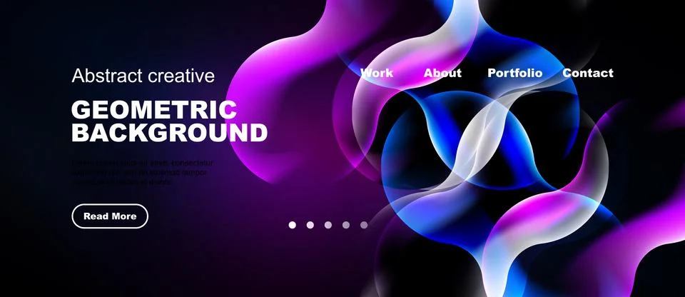 Abstract website header. Vibrant geometric shapes, purple hues, text overlays Stock Illustration