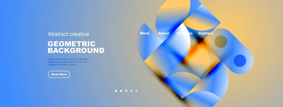 Abstract website mockup. Blue gradient background features fluid shapes, text 库存插图