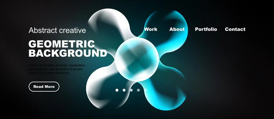 Abstract website mockup features flowing shapes, text overlay, navigation men Stock Illustration