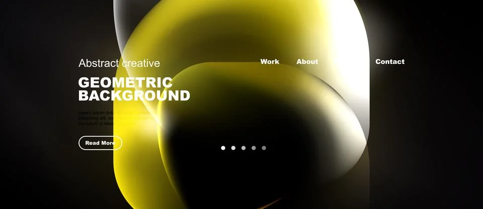 Abstract website mockup features fluid shapes, yellow hues, dark background. Stock Illustration