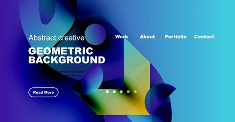 Abstract website mockup features vibrant blue gradients, geometric shapes, text 스톡 일러스트