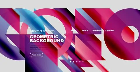 Abstract website mockup features vibrant geometric shapes, purple hues, text Ilustración de archivo