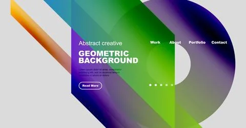 Abstract website mockup features vibrant geometric shapes, text elements, Illustrazione stock