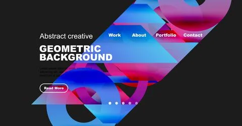 Abstract website mockup features vibrant geometric shapes, text overlays, イラスト素材