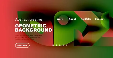 Abstract website mockup features vibrant colors, geometric shapes, navigation Stock Illustration