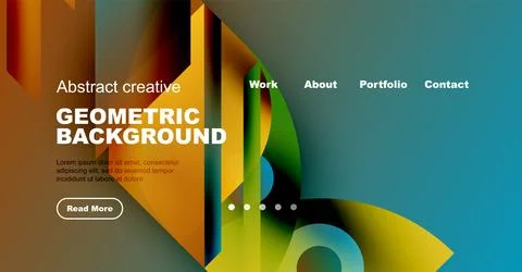 Abstract website mockup features vibrant geometric shapes, text elements, Stock Illustration