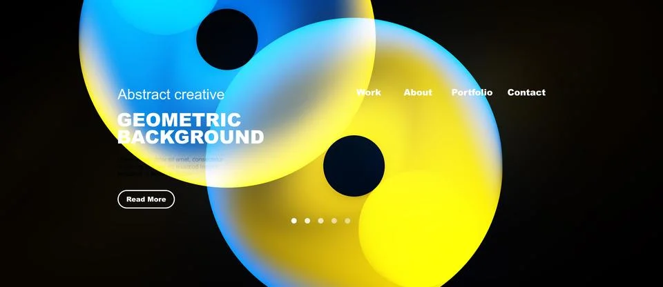 Abstract website mockup features vibrant overlapping shapes, text elements, Illustrazione stock