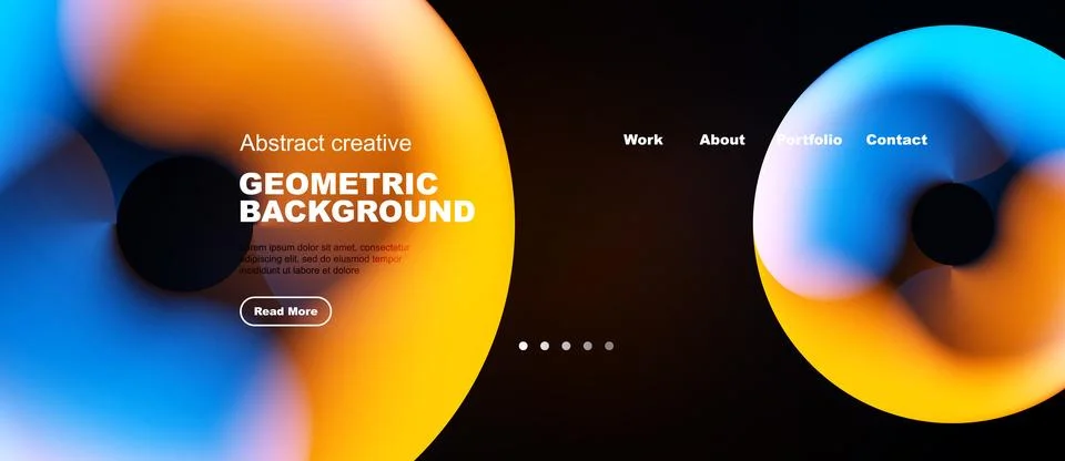 Abstract website mockup features vibrant orange, blue shapes. Dark background Stock Illustration