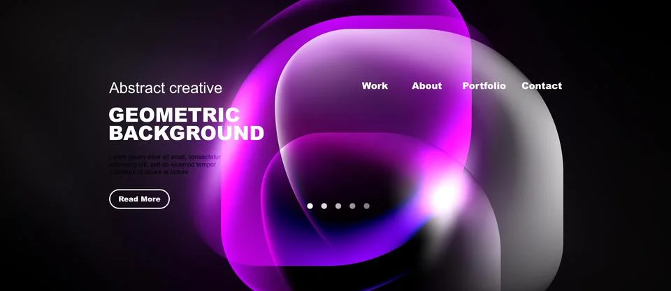 Abstract website mockup features vibrant purple shapes, text elements, Stock Illustration