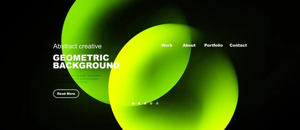 Abstract website mockup features vibrant green shapes, text elements, navig.. Stock Illustration