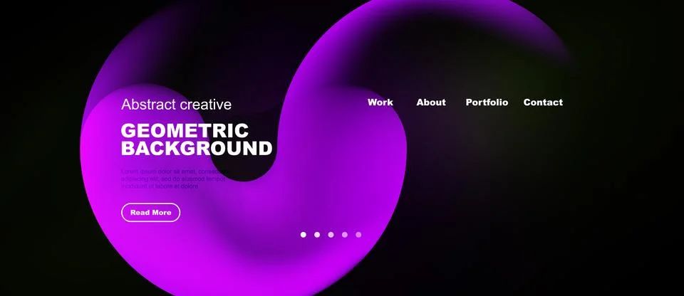 Abstract website mockup features vibrant purple shapes, text elements, Illustrazione stock