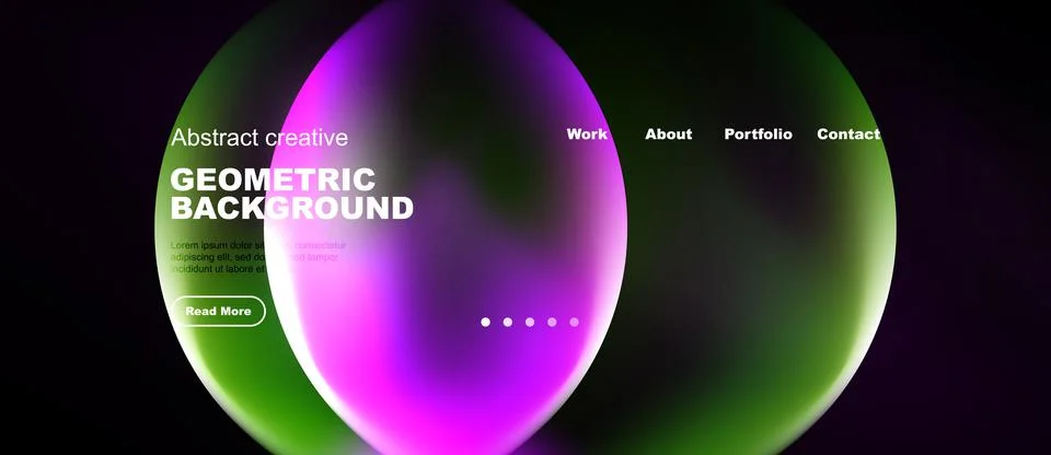 Abstract website mockup features vibrant gradients, geometric shapes, text Stockillustratie
