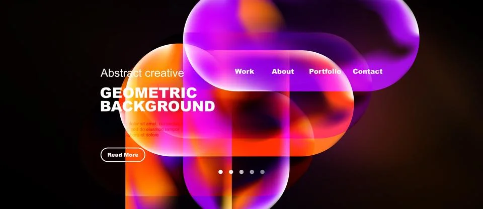 Abstract website mockup features vibrant fluid shapes, text overlays, navig.. Stock Illustration