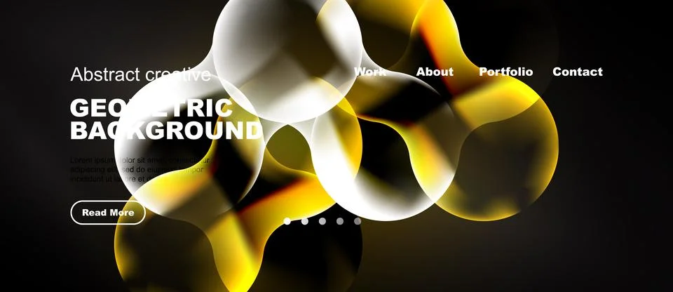 Abstract website mockup features vibrant yellow, orange shapes over dark Stock Illustration