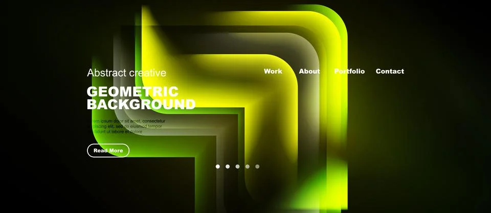 Abstract website mockup features vibrant neon green geometric shapes. Dark 库存插图