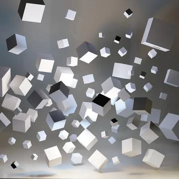 Abstract white 3D cubes fly on dark background. Modern background design 스톡 일러스트
