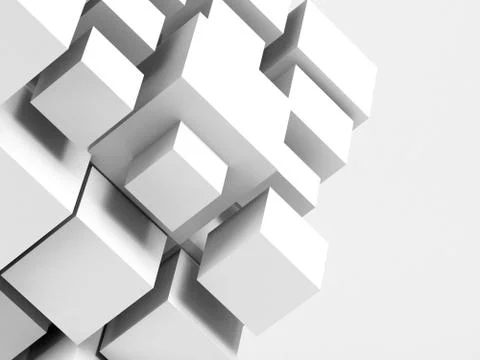 Abstract white 3d installation of random sized cubes Illustrazione stock