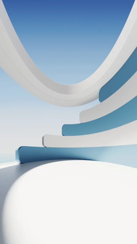 Abstract white and blue curved architectural elements against a clear sky, .. Stock Footage 332315467