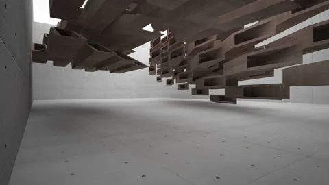 Abstract white and brown concrete interior multilevel public space with window.  Stock Footage 89923940