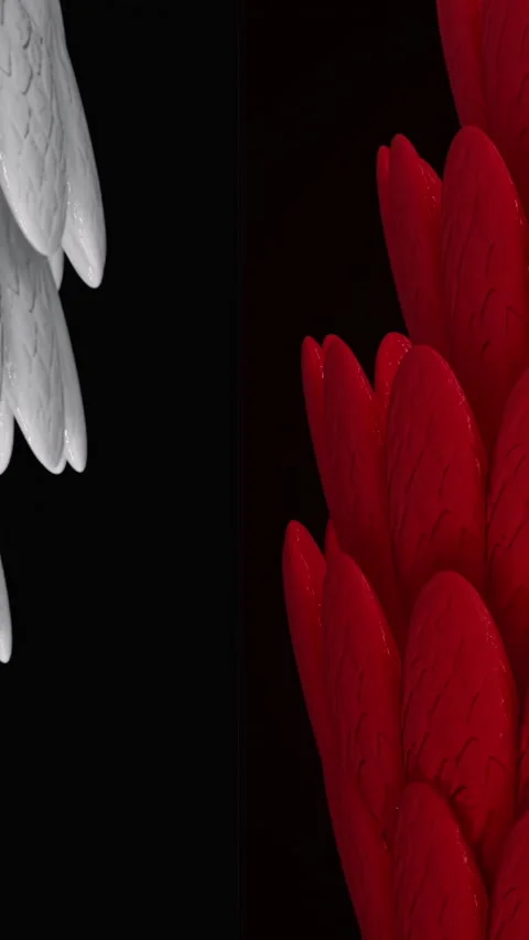 Abstract white and red wide tubes covered by shining bird feathers, seamless Stock Footage 286052928