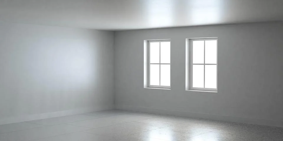 Abstract white architecture empty room with windows and concrete floor 3d render Illustrazione stock