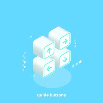 Abstract white buttons with green arrows on a blue background, isometric imag Stock Illustration