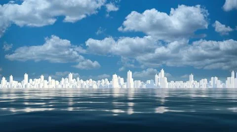 Abstract white city skyline reflected in bay water Illustrazione stock