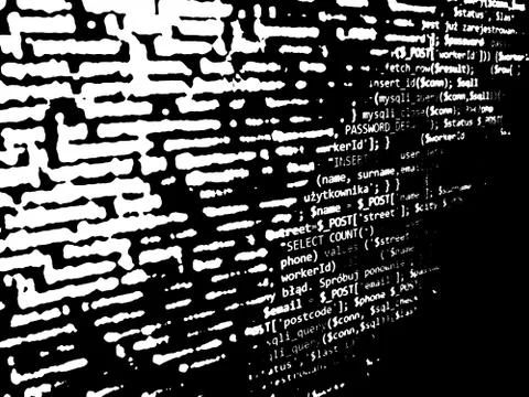 Abstract white code on black background. Code on monitor. Software developmen Stock Photos