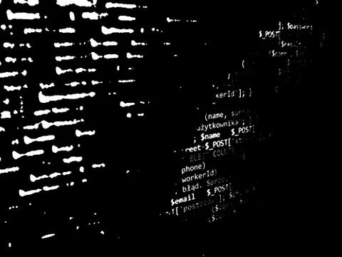 Abstract white code on black background. Code on monitor. Software developmen Stock Photos