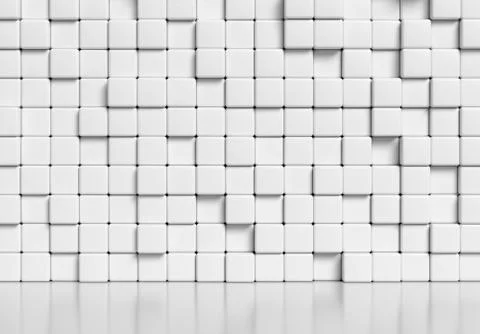 Abstract white cubes wall and glossy floor 3d illustration. Stock-Illustration