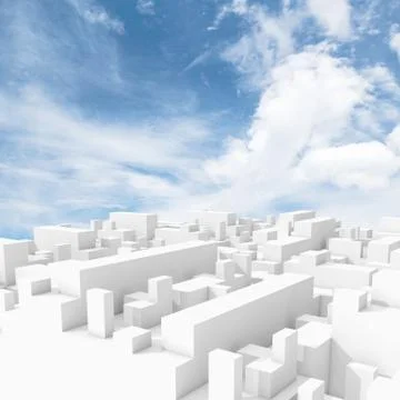 Abstract white digital 3d cityscape with clouds Stock Illustration