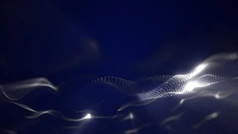 Abstract white digital particle wave on dark blue background, representing .. Stock Illustration