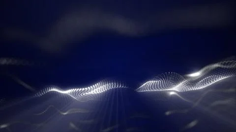 Abstract white digital particle wave on dark blue background, representing .. Stockillustratie