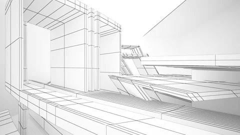 Abstract white drawing interior multilevel public space with window. Stock Footage 93356969