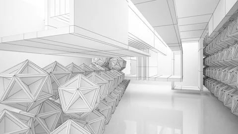 Abstract white drawing interior multilevel public space with window.  Stock Footage 94017114