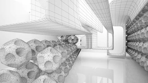 Abstract white drawing interior multilevel public space with window.  Stock Footage 96508996