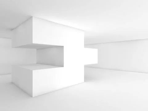 Abstract white empty interior with geometric installation object. 3d render i Illustrazione stock