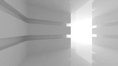Abstract white empty room interior with glowing doorway. 3d render illustrati Stock Illustration