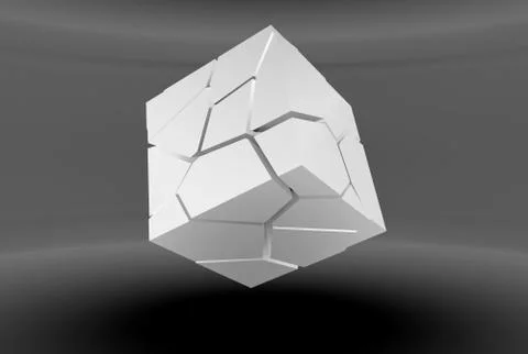 Abstract white flying cube with chaotic fragmentation Stock Illustration