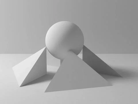 Abstract white geometric installation with balancing sphere Stock Illustration