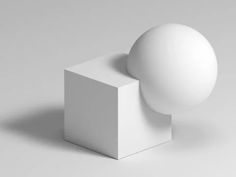 Abstract white geometric installation, a box is merged with sphere, 3 d Stock Illustration