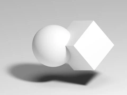Abstract white geometric installation, cube intersected with sphere 3d Stock Illustration