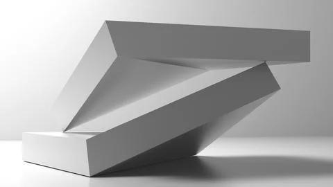Abstract white geometric installation is in an empty studio room, 3d art Stock Illustration