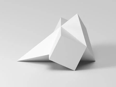 Abstract white geometric installation, pyramid intersected with a box Stock Illustration
