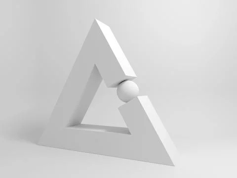 Abstract white geometric installation with a sphere and triangle, 3d Stockillustratie